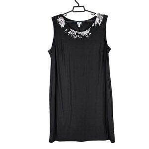 Womens Dressbarn Sleeveless Black Tank Dress Floral Round Neckline Polyester 16